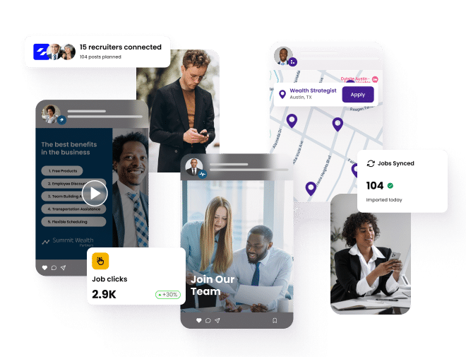 Hero image that shows examples of CareerArc enabled social posts for open financial services jobs.