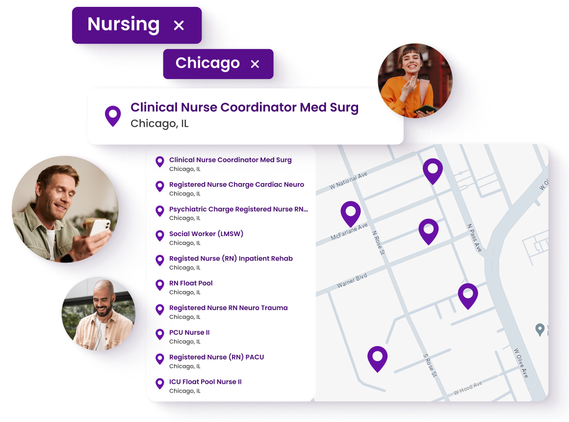Job Maps by CareerArc showing filtered nursing jobs in Chicago with a visual job list and map pins, helping candidates explore roles by location and specialty.
