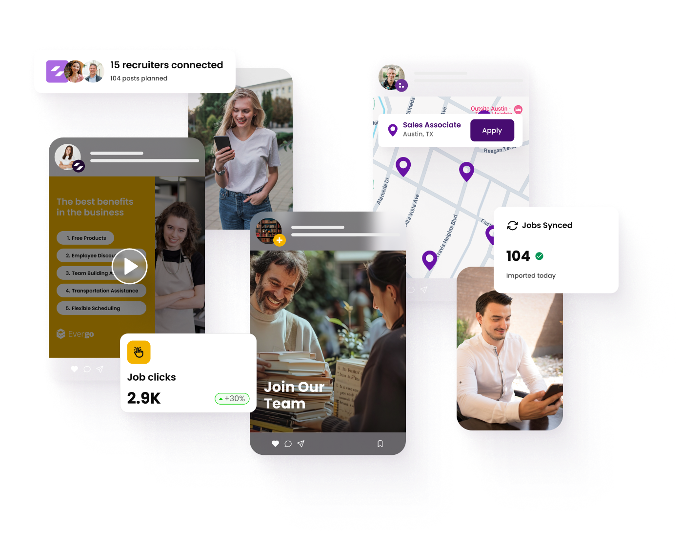 Decorative hero graphic that shows the CareerArc platform in use for retailers to attract talent.